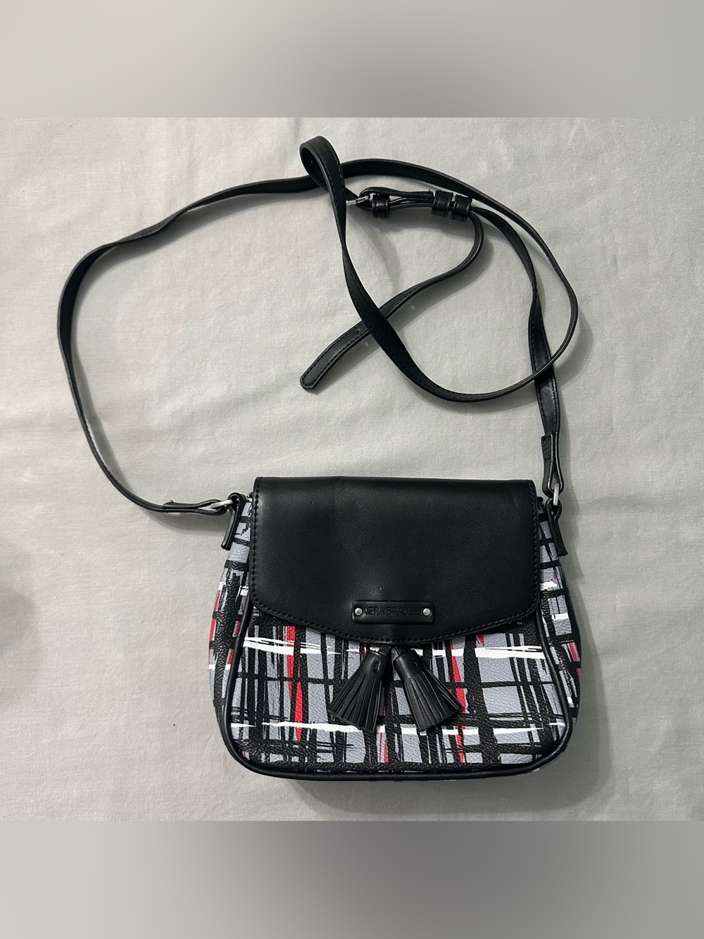 Vera Bradley Art Plaid Faux Leather Crossbody Bag Tassel Black Red Grey
